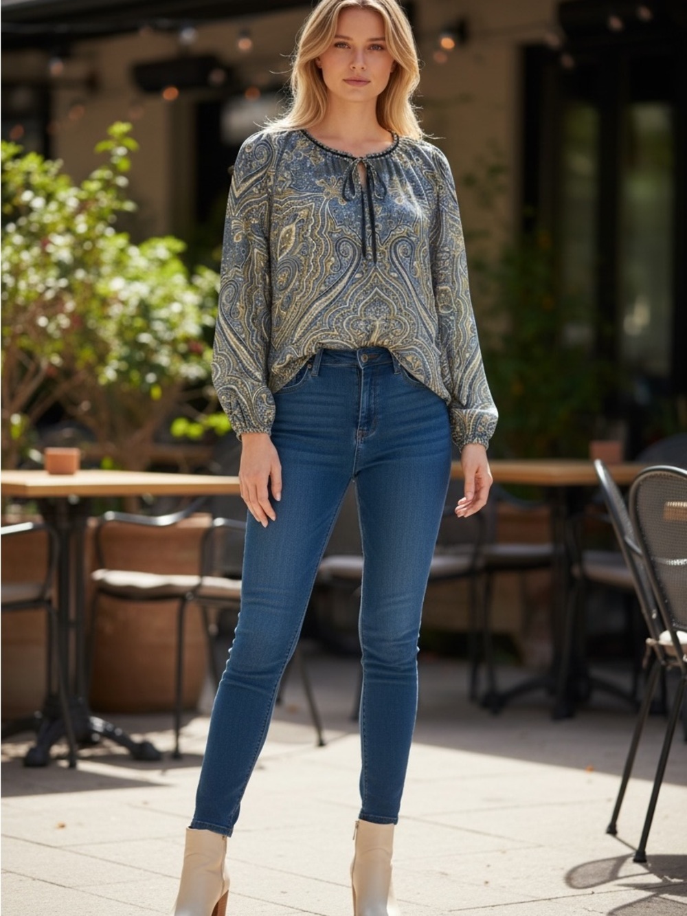 Massimo Dutti Paisley Long-Sleeve Peasant Blouse in Blue and Cream